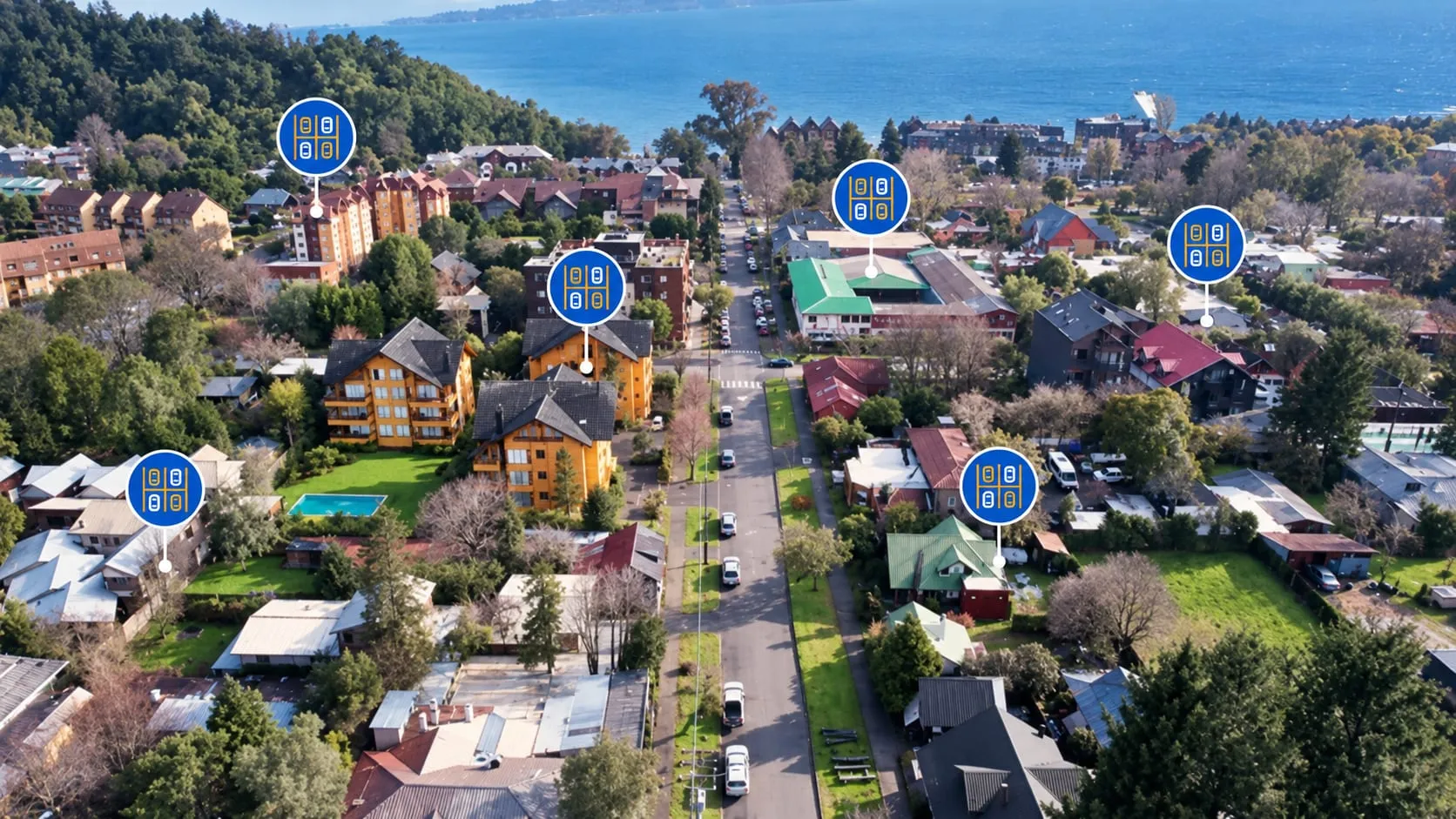 Vista aérea de un barrio residencial con estacionamientos de la red SimplePark